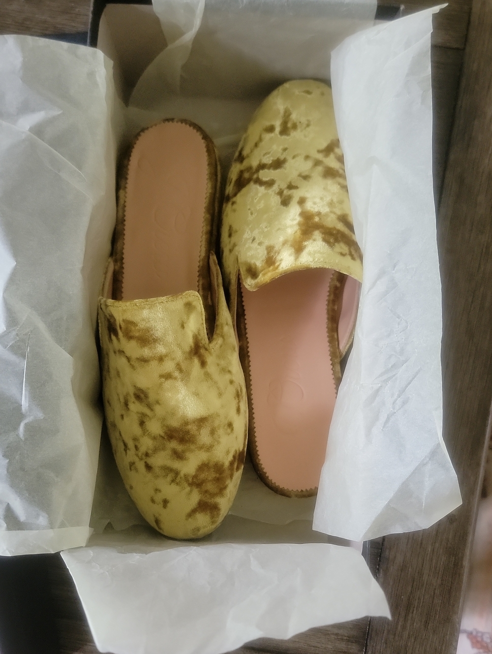 J. Crew Yellow Velvet Slip-On Mules with Pink Insole